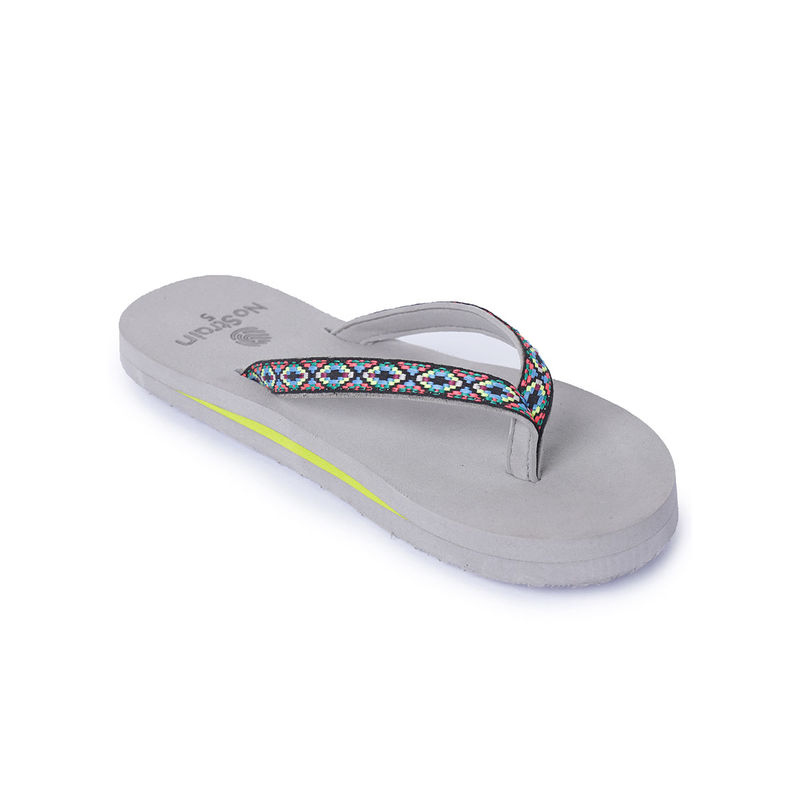 NoStrain Women Grey and Fluorescent Peach Ikat Design Stylish Flipflops (UK 8)