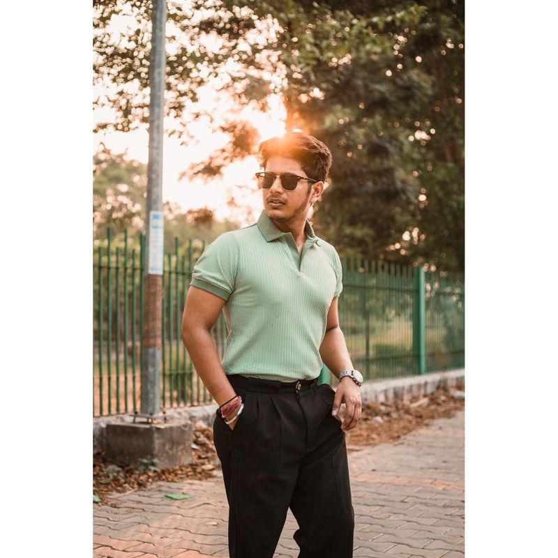 JAVINISHKA Mint Green Knitted Pure Cotton Slim Fit Polo T-Shirt (S)