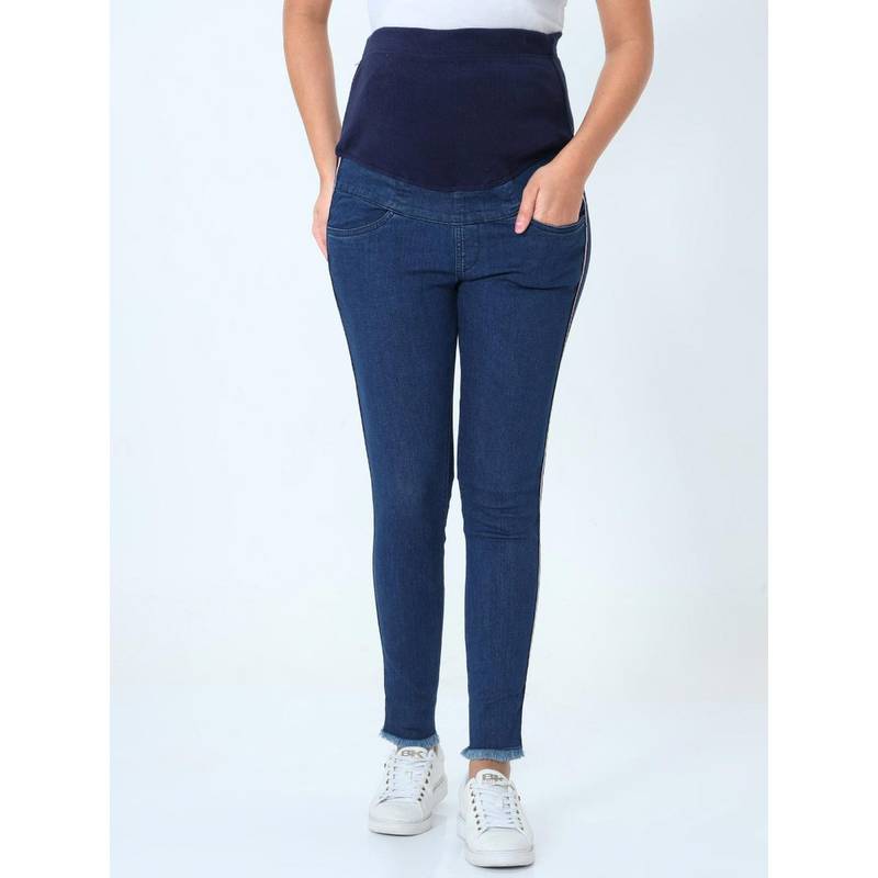 The Mom Store Distress Taped Maternity Denims with Belly Support-Blue (XL)