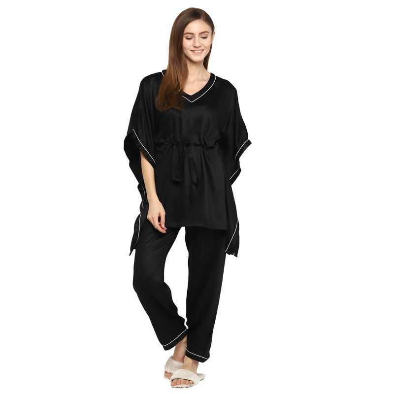 Shopbloom Ultra Soft Modal Satin Women's Kaftan Night Suit - Black (M)