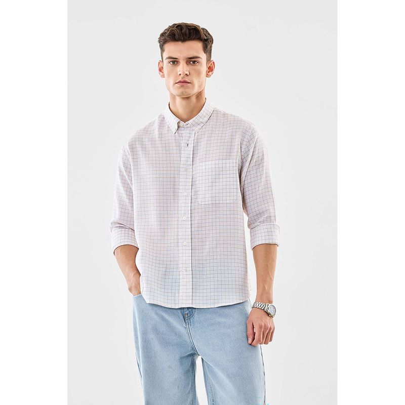 Snitch Men Beige Checks Full Sleeves Regular Casual Shirt (M)