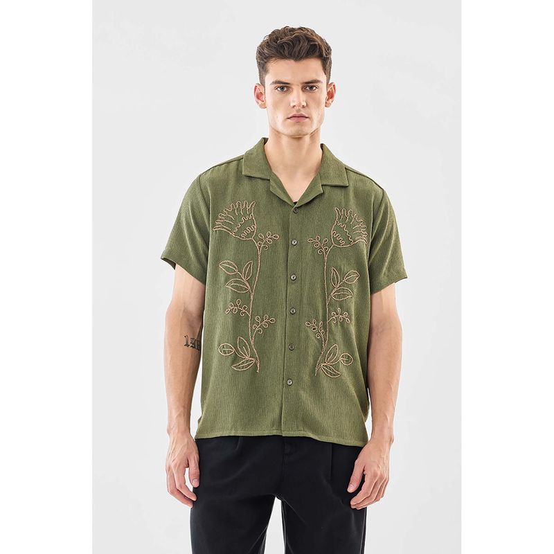 Snitch Men Sage Green Embroidered Half Sleeves Boxy Casual Shirt (XS)