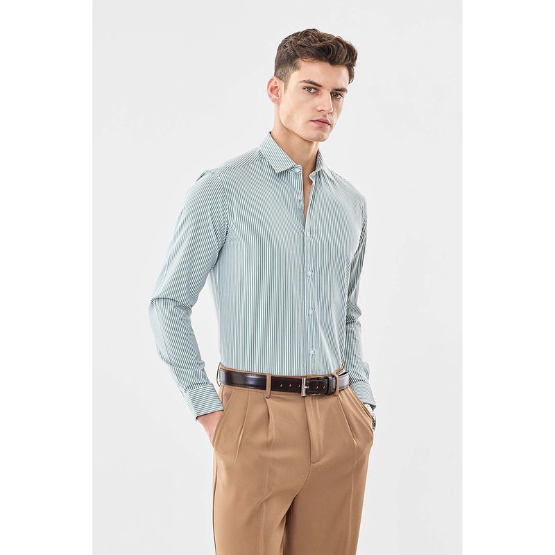 Snitch Men Green Stripes Full Sleeves Slim Shirt (M)