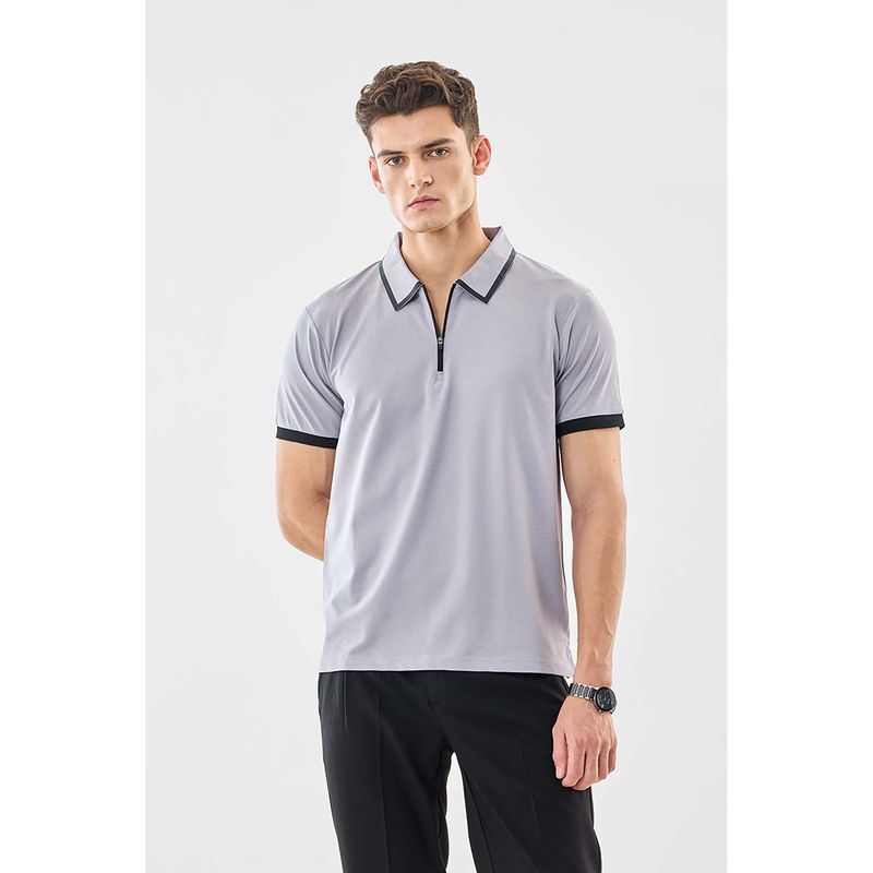 Snitch Men Light Grey Solid Half Sleeves Regular Casual Polo T-shirt (S)