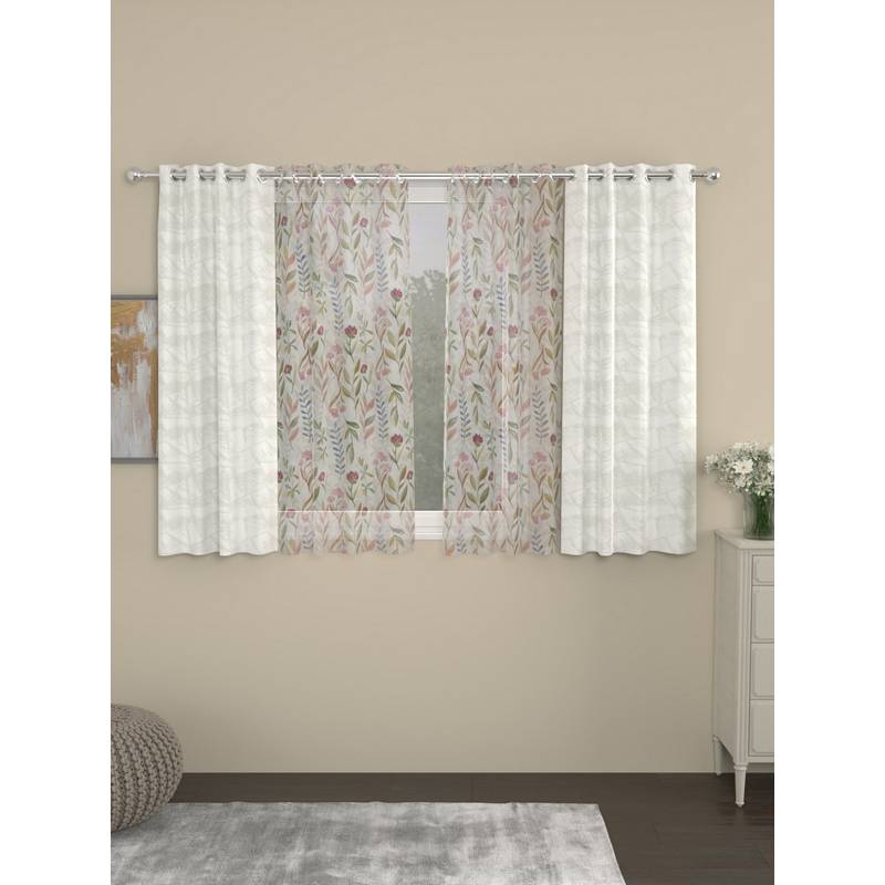 Rosara Home Off White Jacquard Floral Window Curtains (Pack of 4) (5 x 4 Feet)