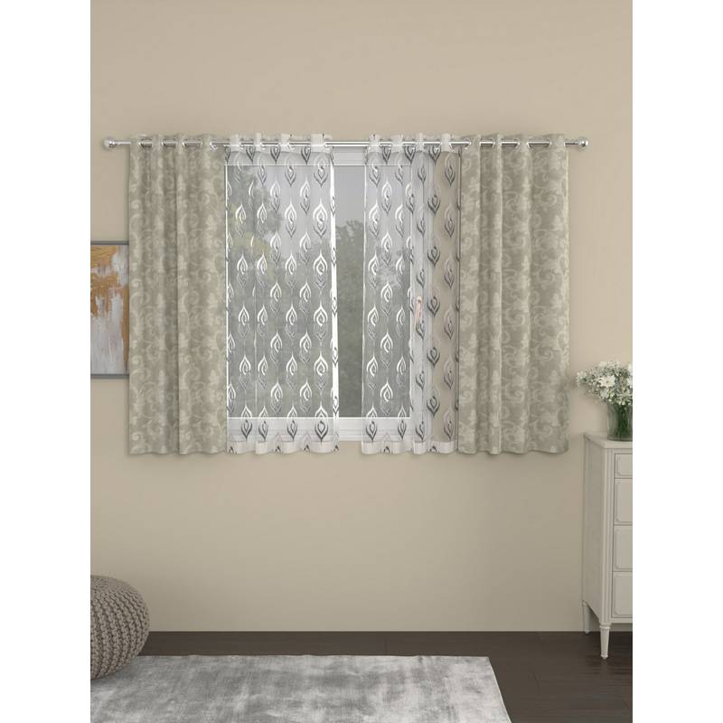 Rosara Home Beige Jacquard Embroidered Window Curtains (Pack of 4) (5 x 4 Feet)