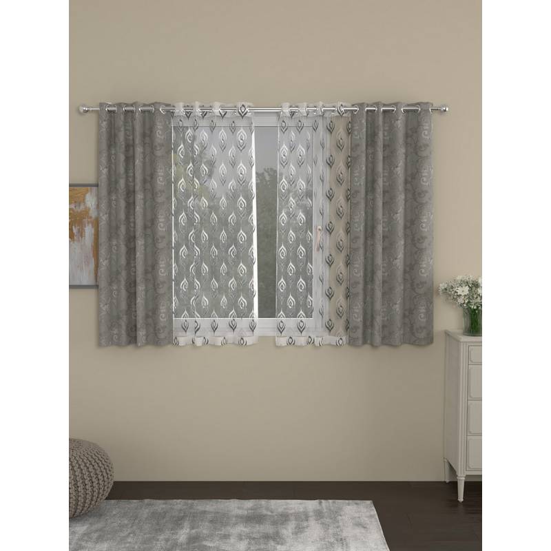 Rosara Home Grey Embroidered Window Curtains (Pack of 4) (5 x 4 Feet)