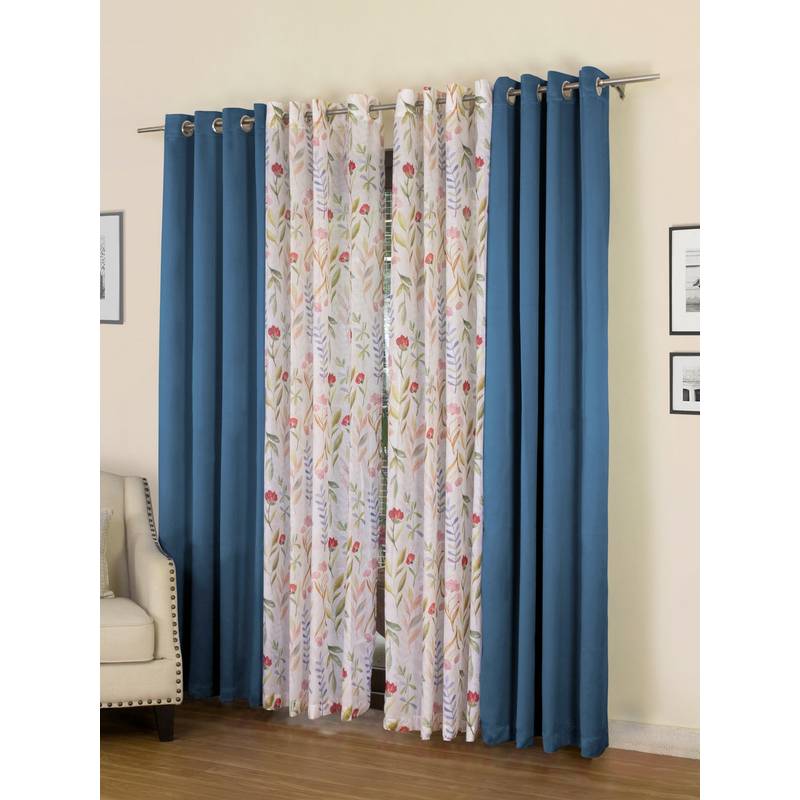 Rosara Home Blue Floral Black Out and Sheer Door Curtains (Pack of 4) (7 x 4 Feet)