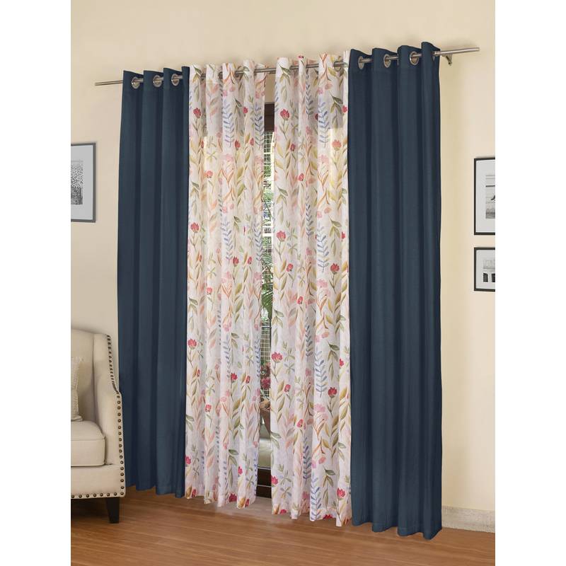 Rosara Home Teal Floral Door Curtains (Pack of 4) (7 x 4 Feet)