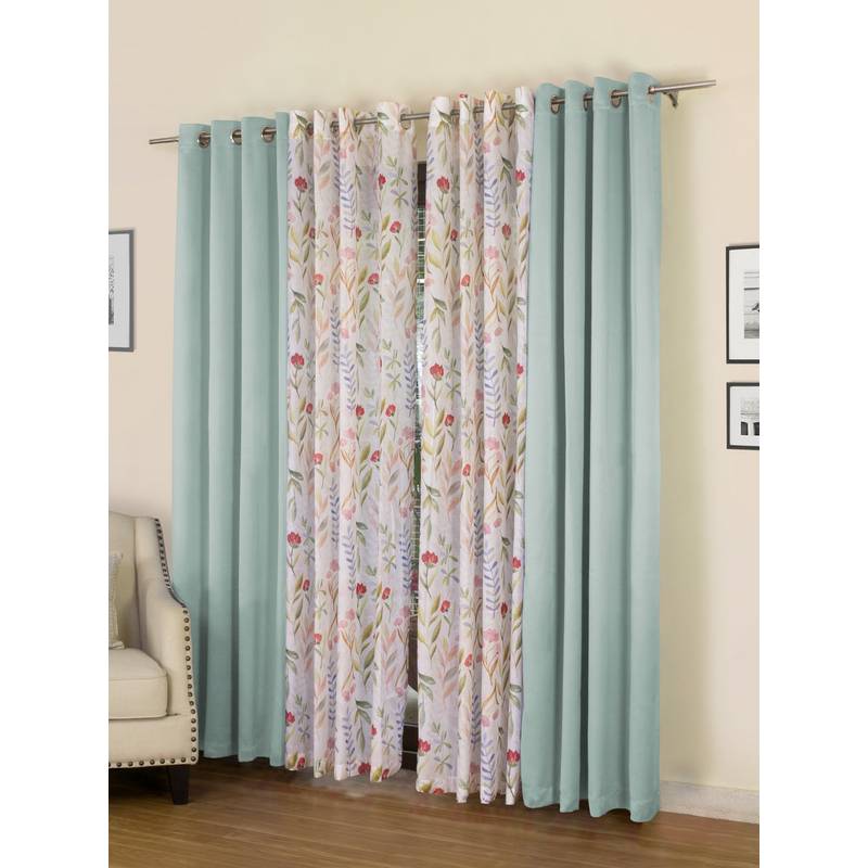 Rosara Home Green Floral Black Out and Sheer Long Door Curtains (Pack of 4) (9 x 4 Feet)