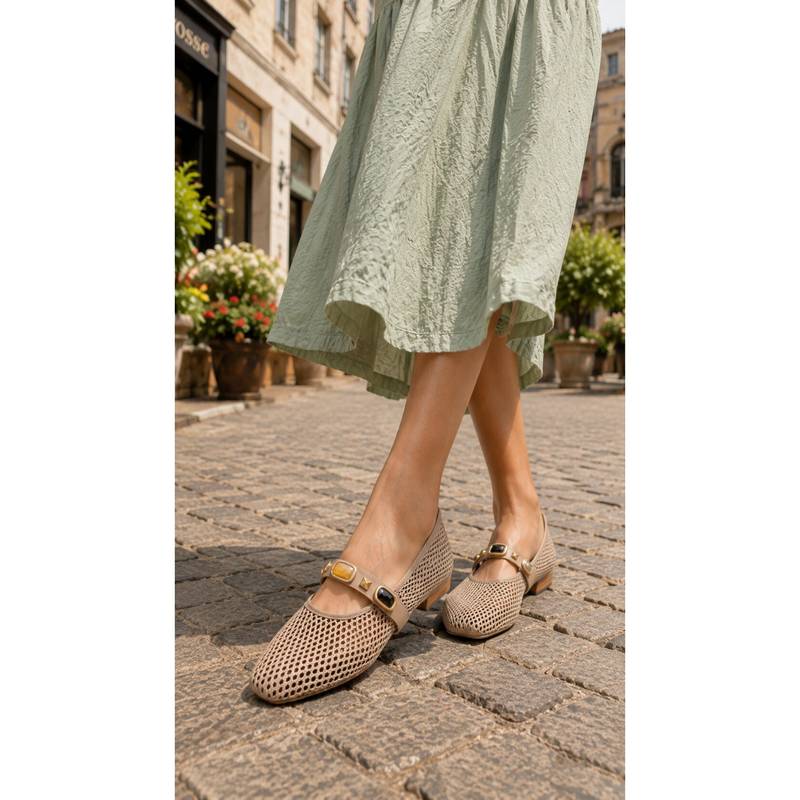Sandal Stories Mesh Gemstone Mary Janes Ballerinas - Beige (EURO 38)