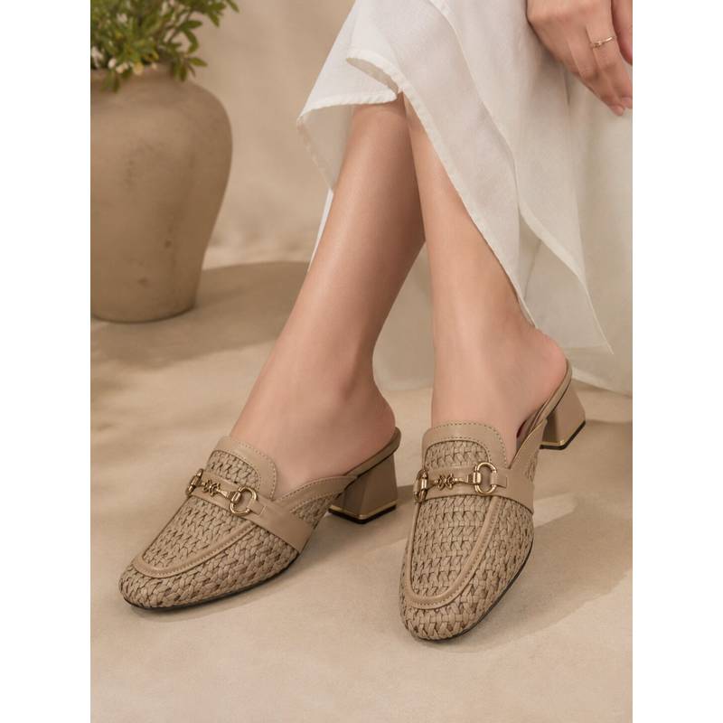 Sandal Stories Luxe Woven Beige Block Heel Mules (EURO 36)