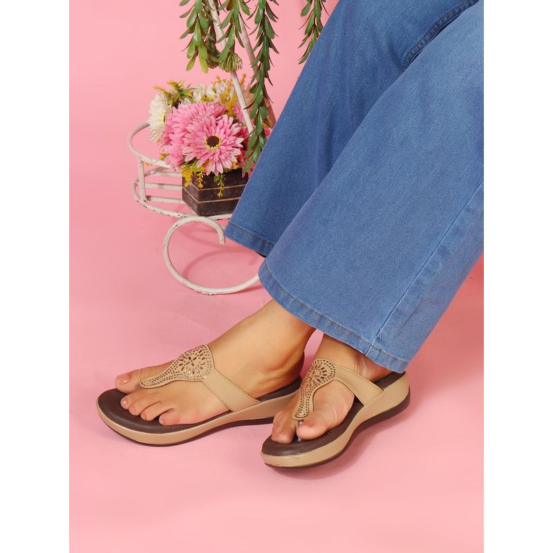 Carlton London Women Embellished Wedges Thong Sandals-Beige (EURO 36)