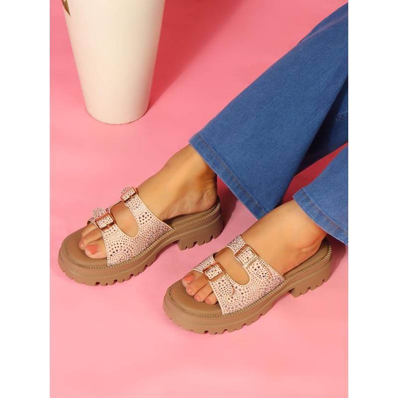 ELLE Women Glamour Block Heels with Buckle Details-Rose Gold (EURO 37)