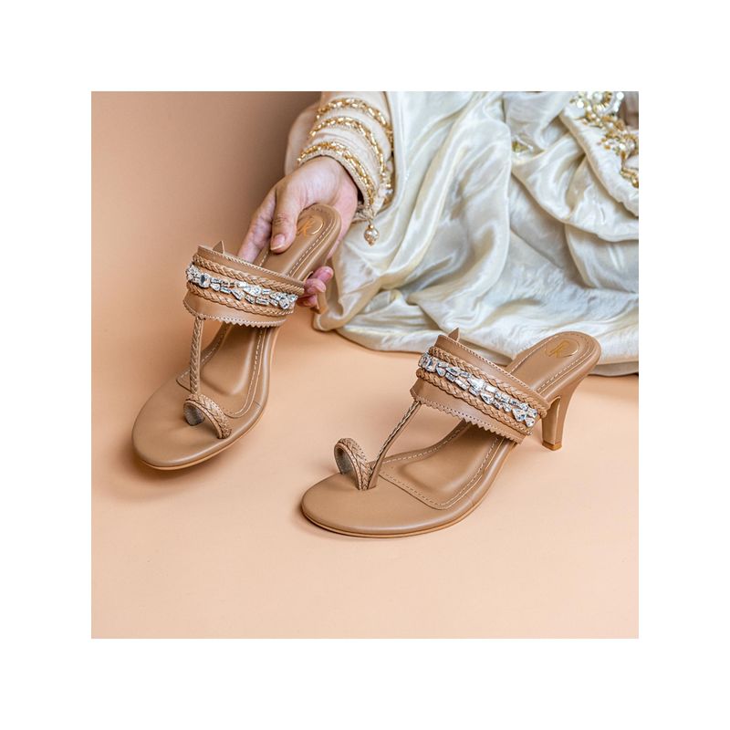 PREET KAUR Beige Embellished Kolhapuri Stiletto Heels (EURO 38)