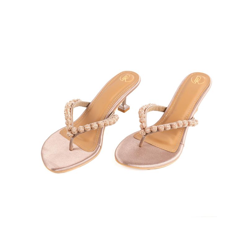 PREET KAUR Metallic Burano V Strap Spool Heels (EURO 36)