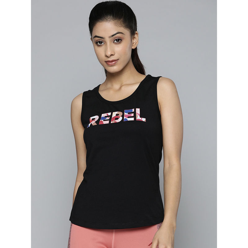 Alcis Women Black Typography Printed Slim Fit Training Or Gym T-Shirt (M)