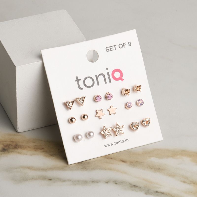 Toniq Gold Plated Starry Set of 9 Stud Earring Combo for Women Buy Toniq Gold Plated Starry Set