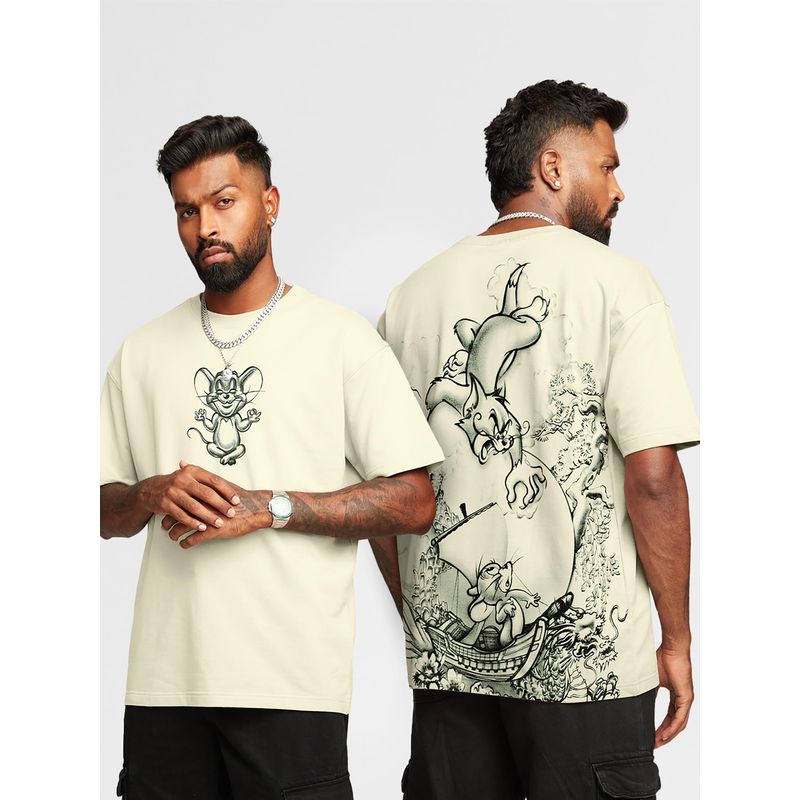 The Souled Store Tom and Jerry Angry Tom Off-White Oversized T-Shirts for Mens (L)