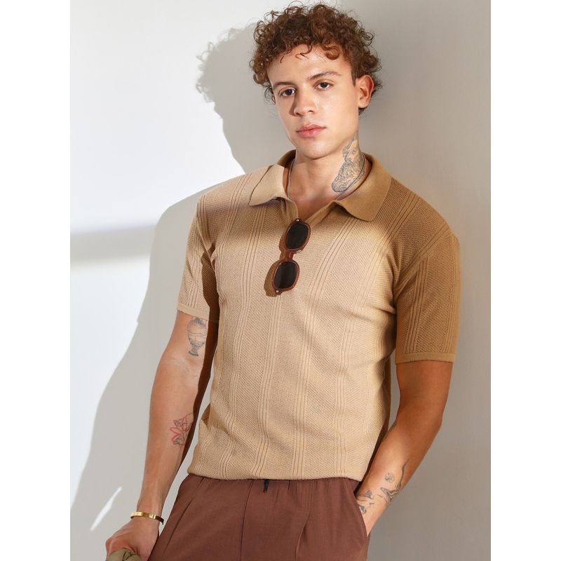 Campus Sutra Men'S Camel Beige Stripe-Knit Polo T-Shirt (M)