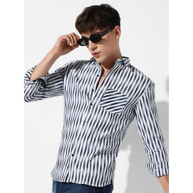 Campus Sutra Mens Striped Black and White Casual Shirt (XL)