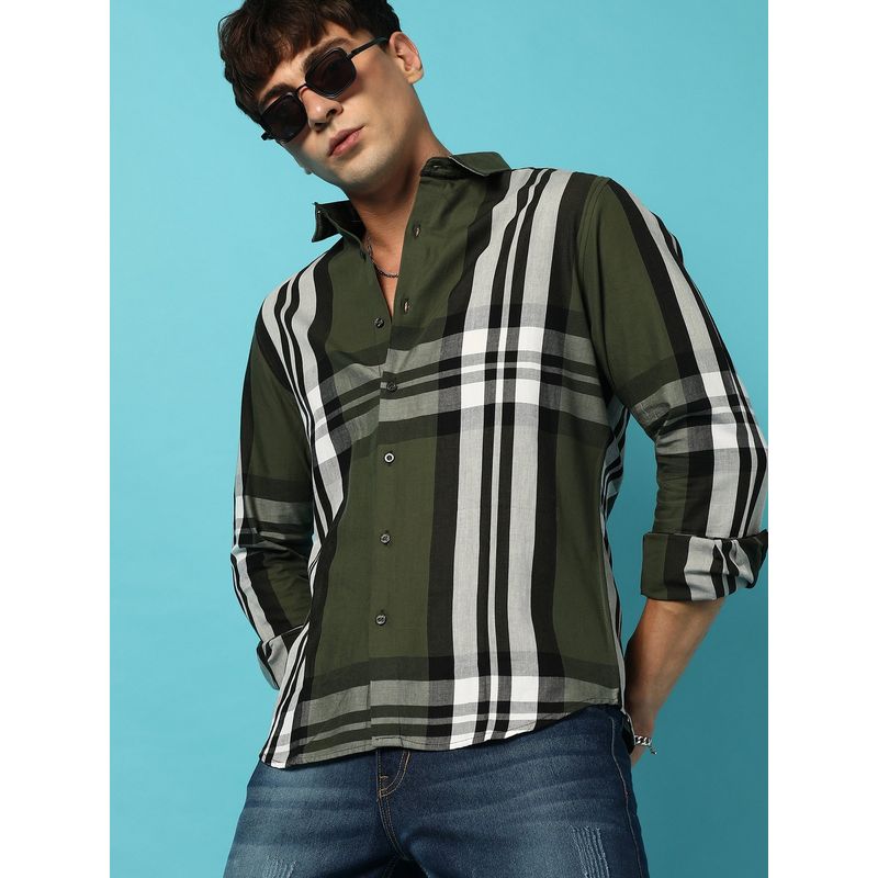 Campus Sutra Mens Tartan Plaid Dark Green Shirt (M)