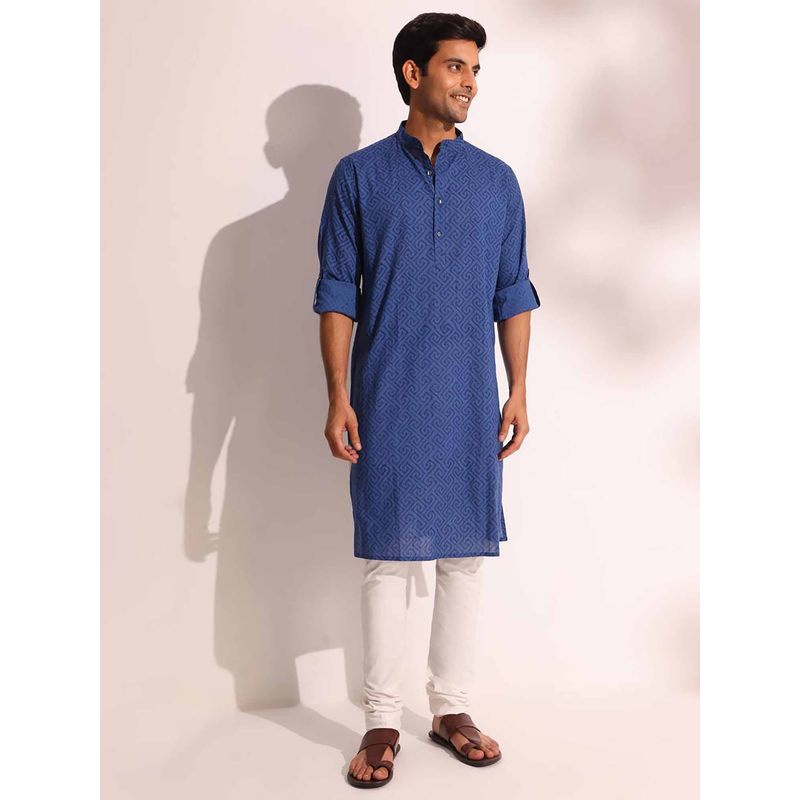 Fabindia Blue Cotton Hand Block Printed Long Kurta (XS)