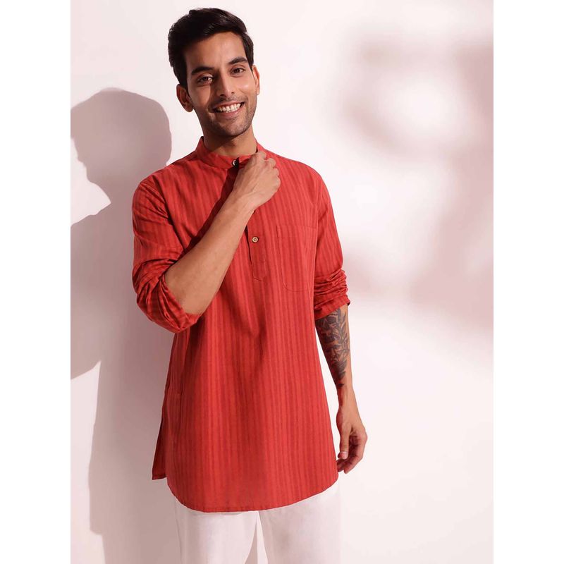 Fabindia Red Cotton Striped Short Kurta (L)