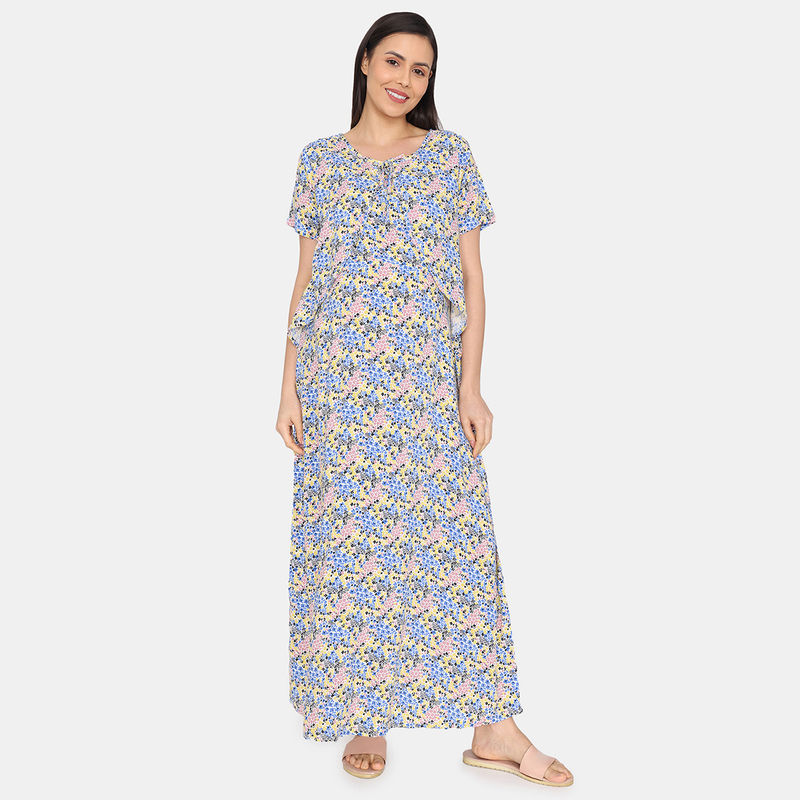 Zivame Coucou Maternity Loungewear Dress With Discreet Feeding Azure