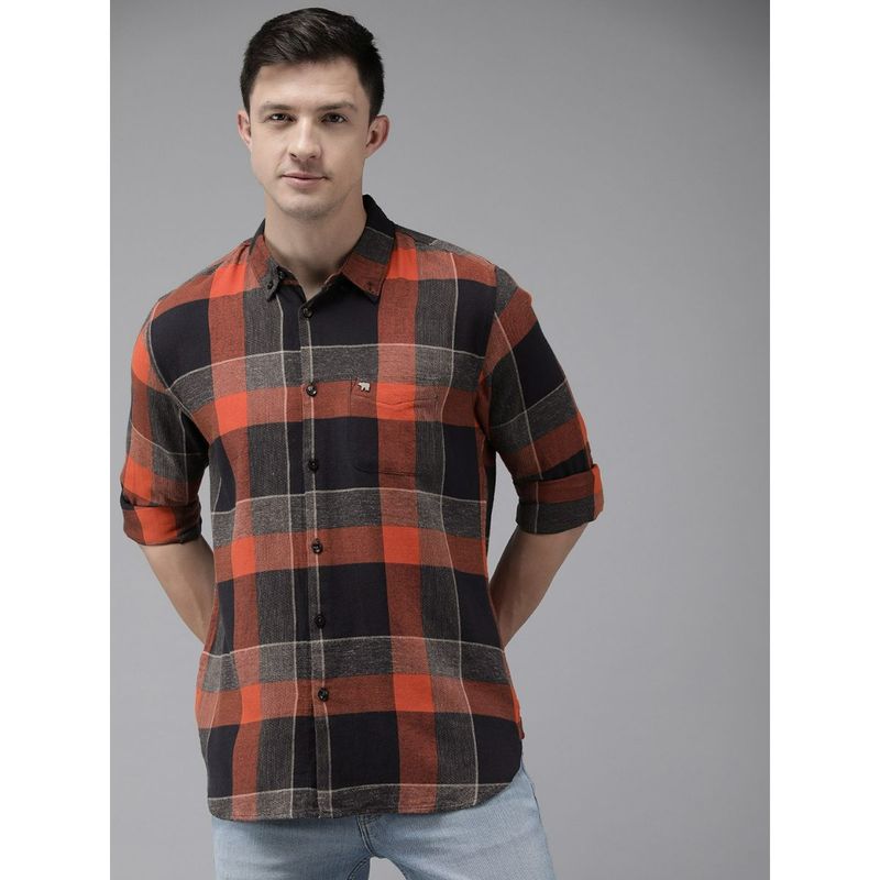 THE BEAR HOUSE Men Orange Checked Pure Cotton Flannel Casual Shirt (L)