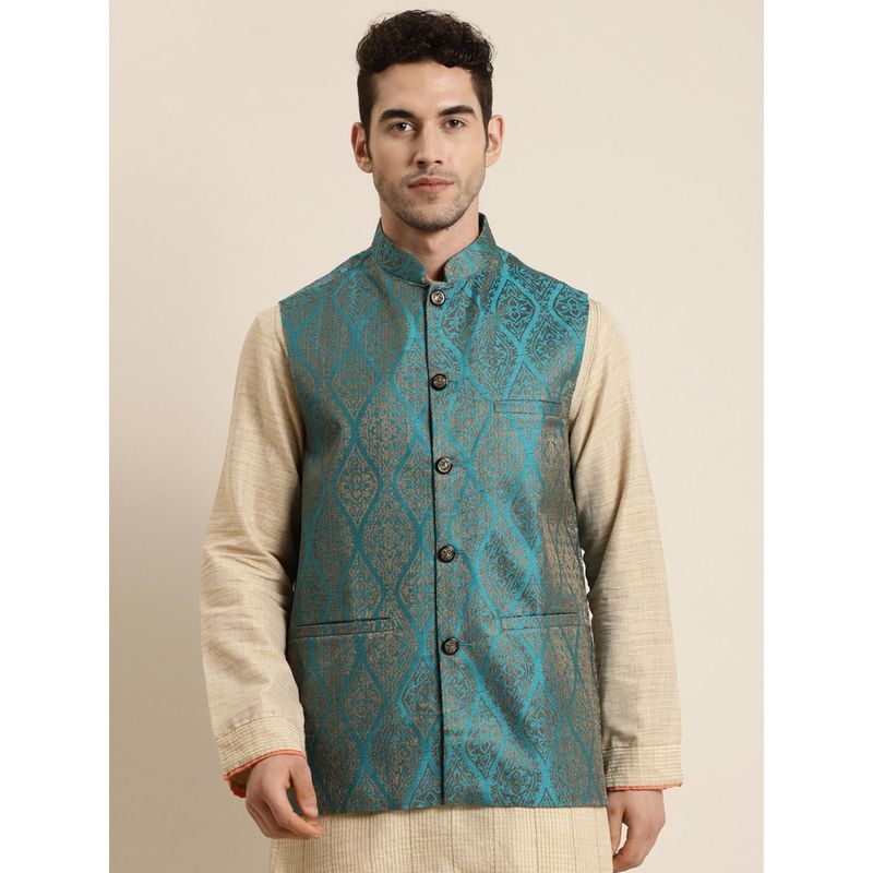 SOJANYA Jacquard Silk Teal Blue & Gold Nehru Jacket (S)