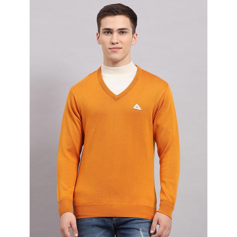 Monte Carlo Men's Solid Orange V Neck Full Sleeves Pullover Sweater (3XL)