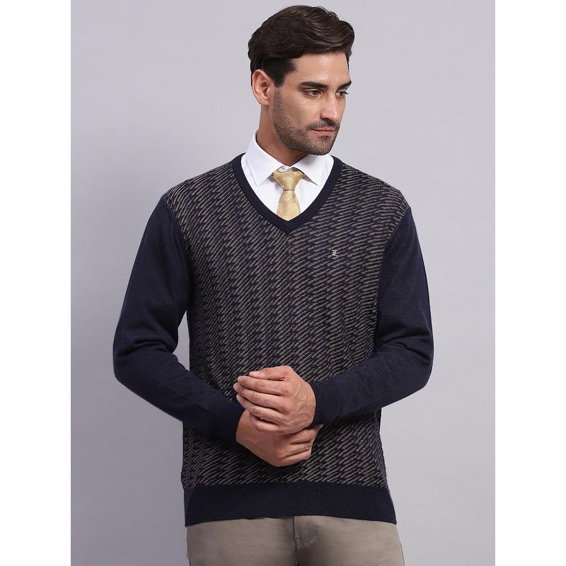 Monte Carlo Men's Self Design Navy Blue V Neck Full Sleeves Pullover Sweater (3XL)