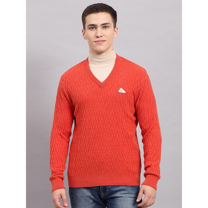 Monte Carlo Men's Orange V Neck Full Sleeves Pullover Sweater (L)
