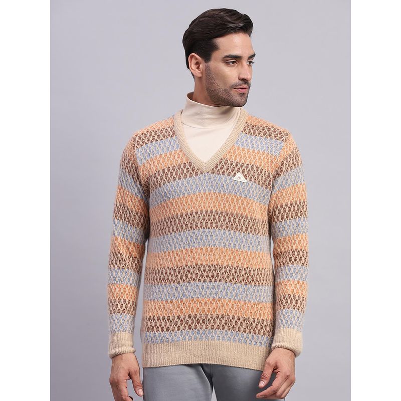 Monte Carlo Men's Light Camel V Neck Full Sleeves Pullover Sweater (M)