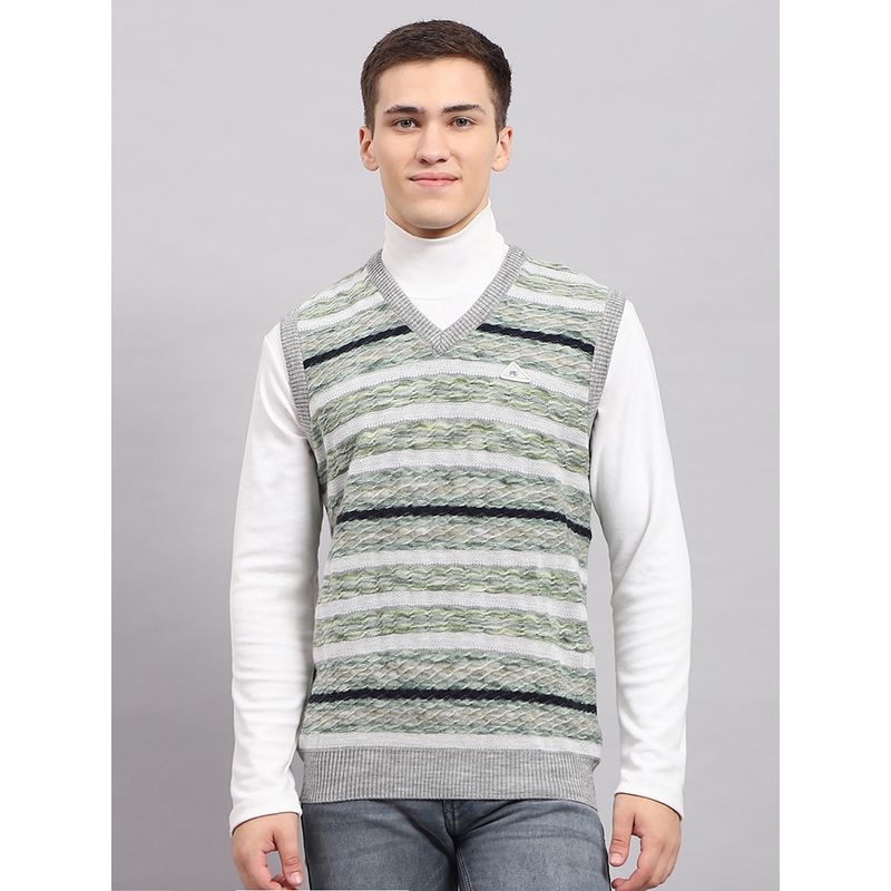 Monte Carlo Men's Striped Green V Neck Sleeveless Sweater (2XL)