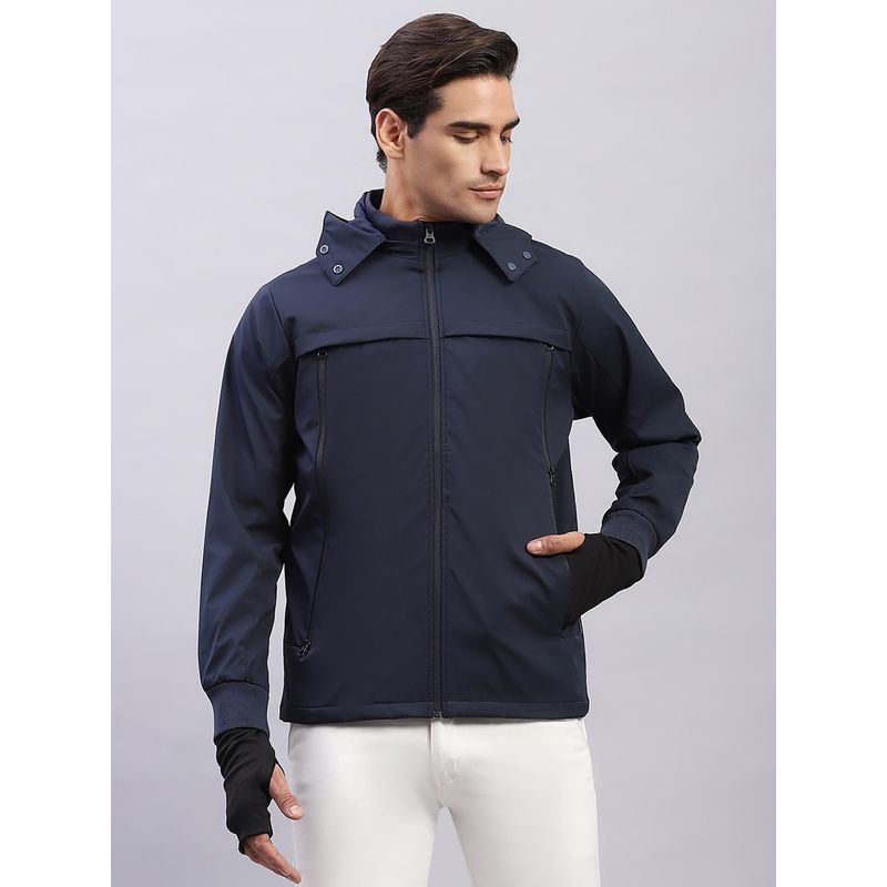 Monte Carlo Men's Solid Navy Blue Hooded Full Sleeves Jacket (L)