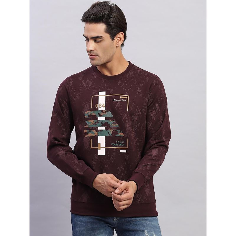 Monte Carlo Men's Printed Wine Round Neck Full Sleeves Sweatshirt (XL)
