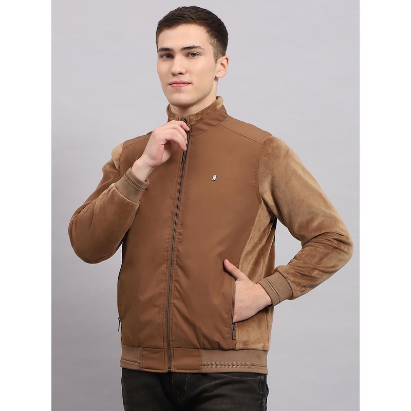 Monte Carlo Men's Solid Khaki High Neck Full Sleeves Jacket (M)