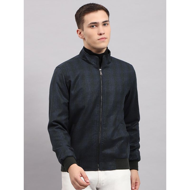 Monte Carlo Men's Checkered Navy Blue High Neck Full Sleeves Jacket (XL)