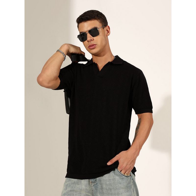 SHOWOFF Men Textured Black Knit Polo T-Shirt (M)