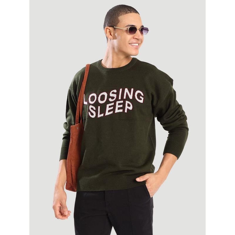 Bene Kleed Men Relaxed Fit Knitted Olive Sweater (S)