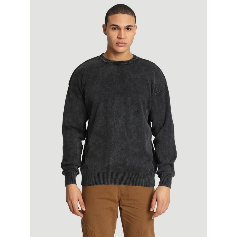 Bene Kleed Men Washed look Reversible Drop Shoulder Black Sweater (M)