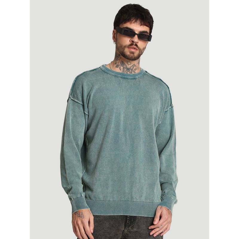 Bene Kleed Men Washed look Reversible Drop Shoulder Green Sweater (S)