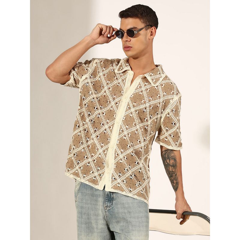 SHOWOFF Men Beige Crochet Knit Short Sleeve Button-Down Shirt (S)