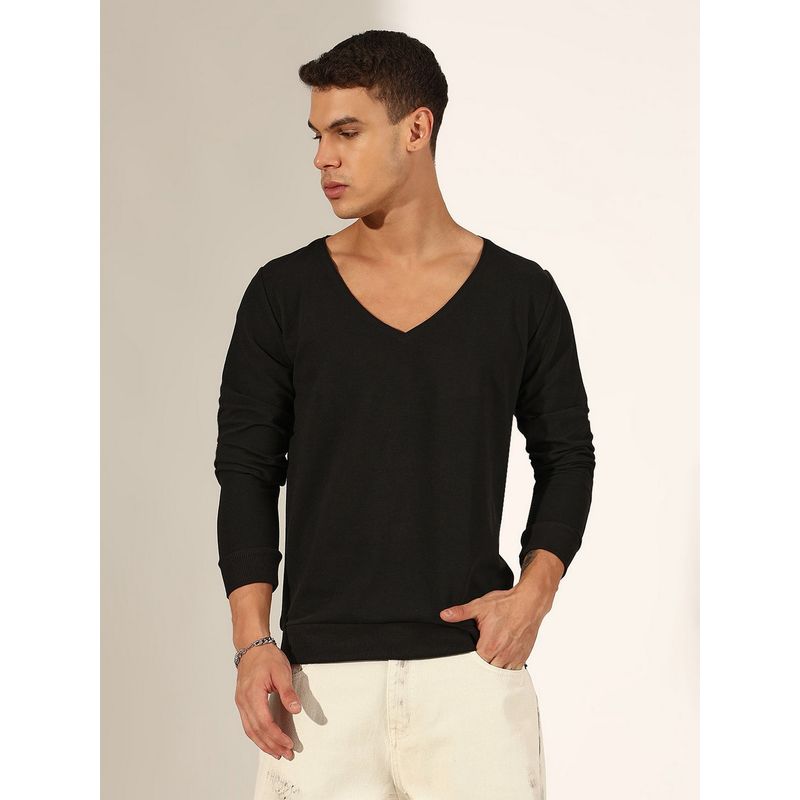 SHOWOFF Men Black V-Neck Full Sleeve T-Shirt (L)