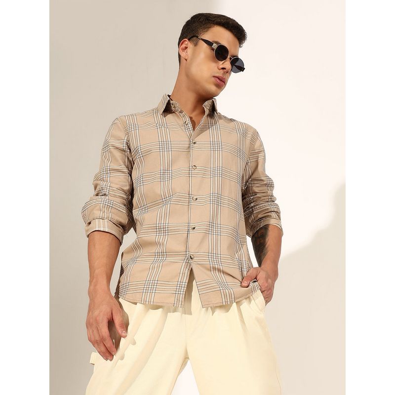 SHOWOFF Men Checked Beige Regular Fit Casual Shirt (S)