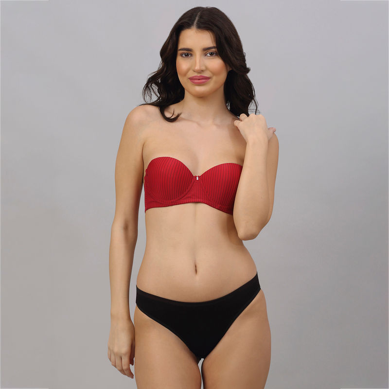 PrettyCat Strapless Pushup Striped Bra Panty Set - Red (30B)