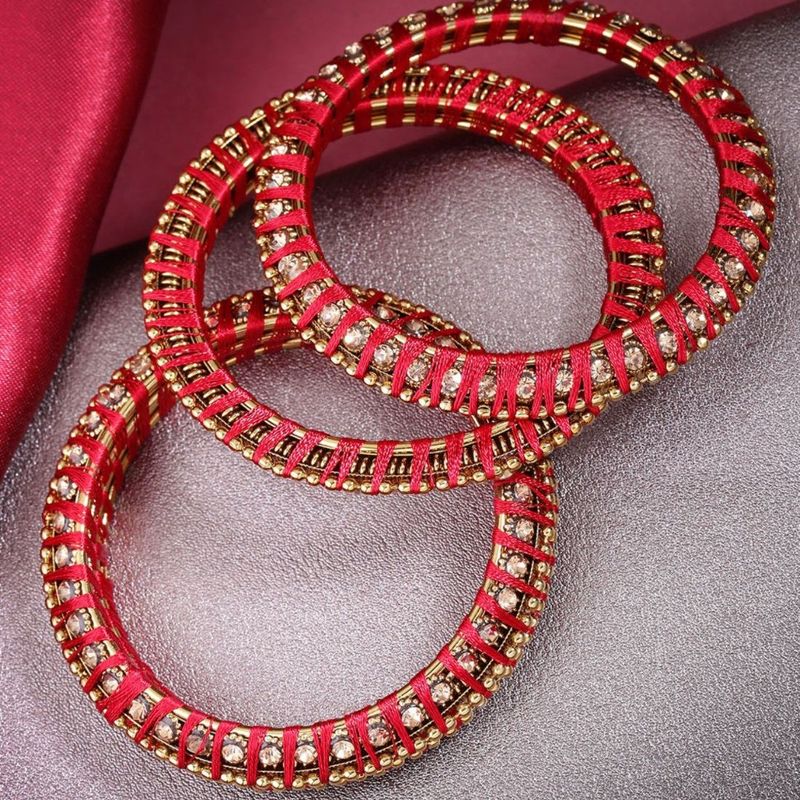 Priyaasi Women Set Of 4 Red Gold-Plated Stone-Studded Handcrafted Bangles - 2.6