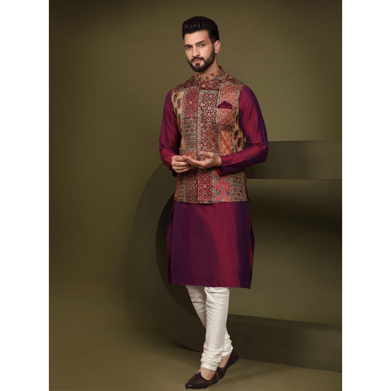 KISAH Men Maroon Printed Cotton Blend Kurta Jacket Churidar Set with Abstract Print (36)